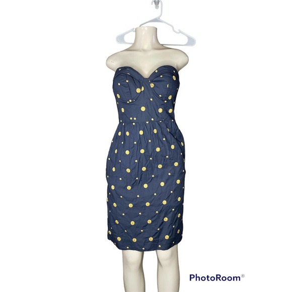 ANTHROPOLOGIE Floreat Sun Dot Strapless Dress Blue Gold Size 8 - Picture 1 of 12